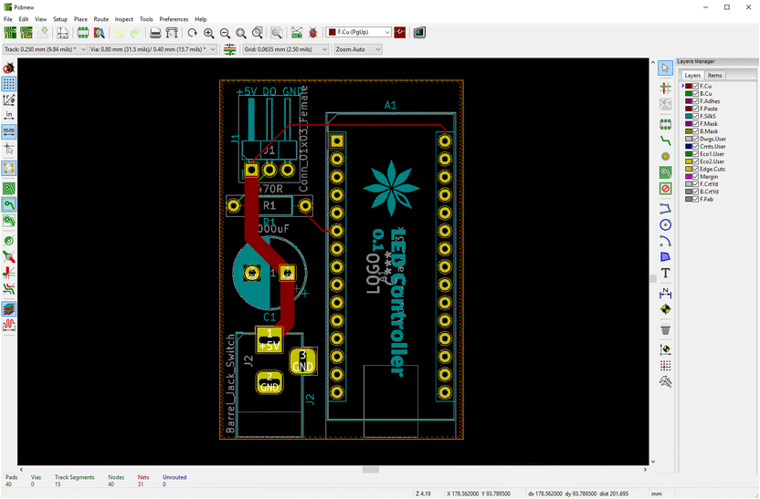 Screenshot of the KiCad PCB editor