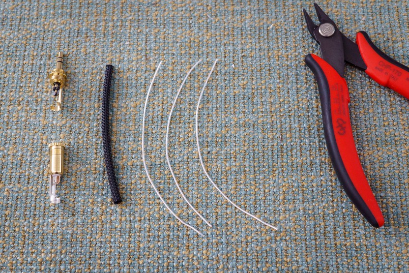 3mm plug, jack, wire, and wire cutters