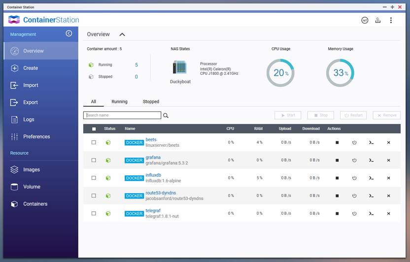 Screenshot of QNAP Container Station