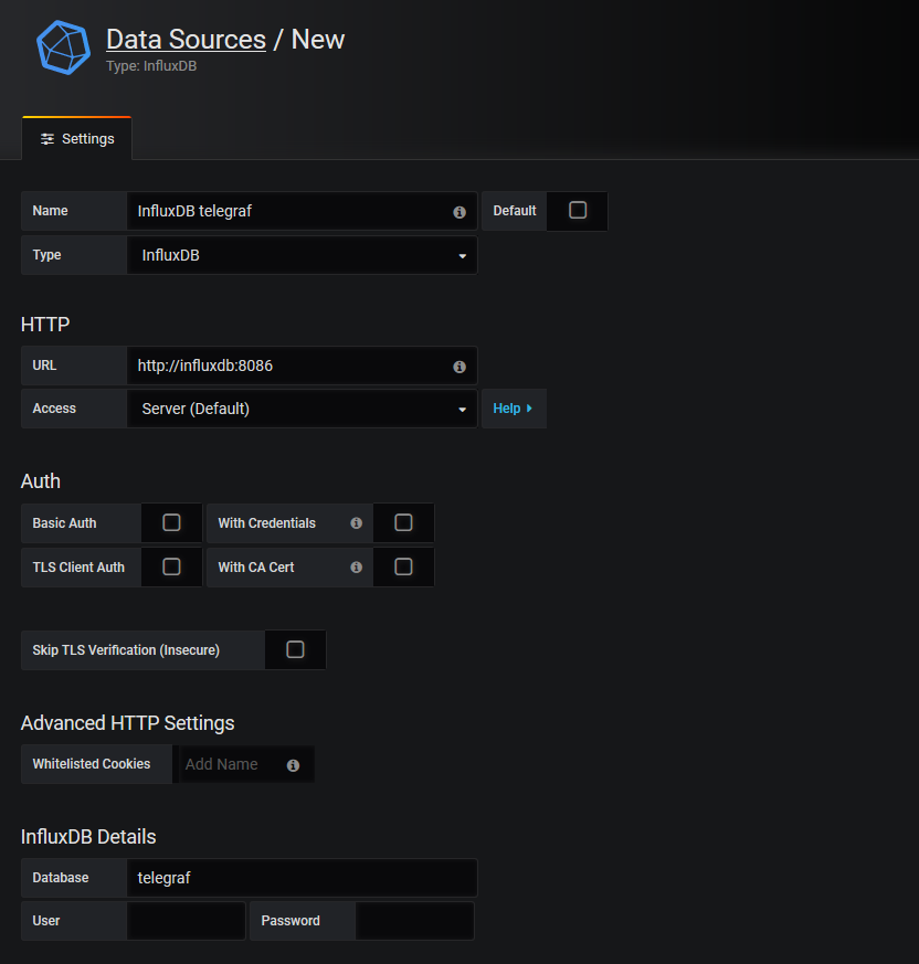 Screenshot of Grafana datasource setup